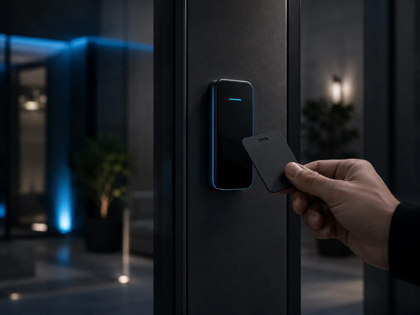 Access control card reader on door at night
