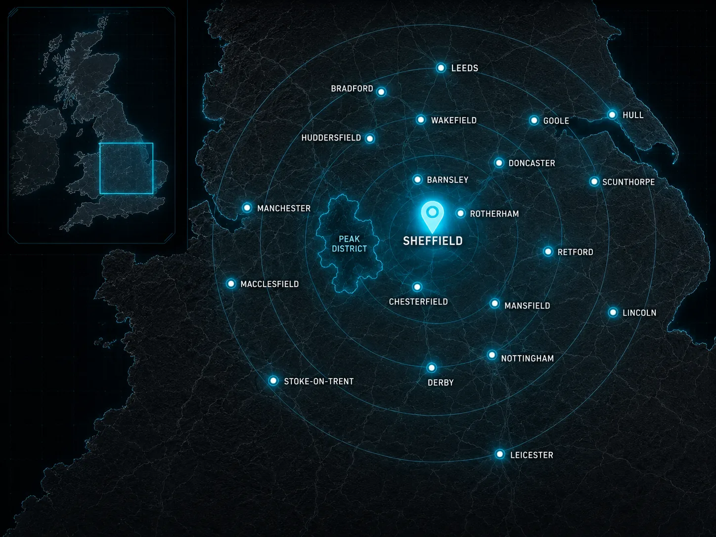 Myla Security coverage map showing Sheffield and surrounding areas including Leeds, Manchester, Derby, Nottingham and beyond