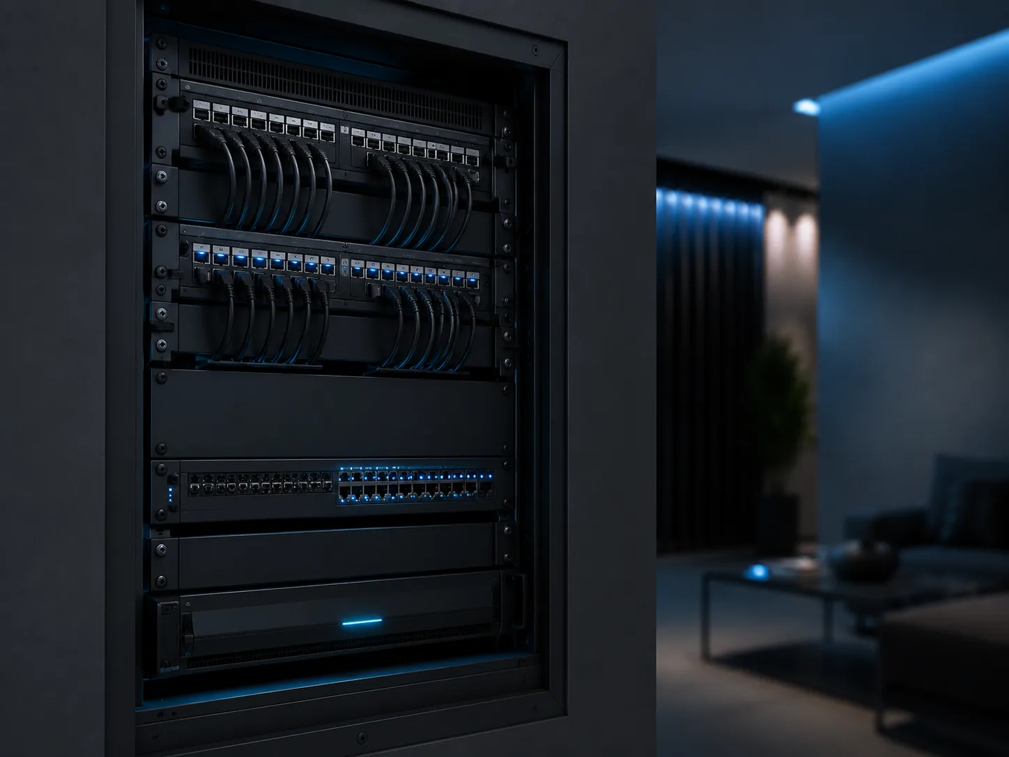 Professional data networking rack with structured cabling