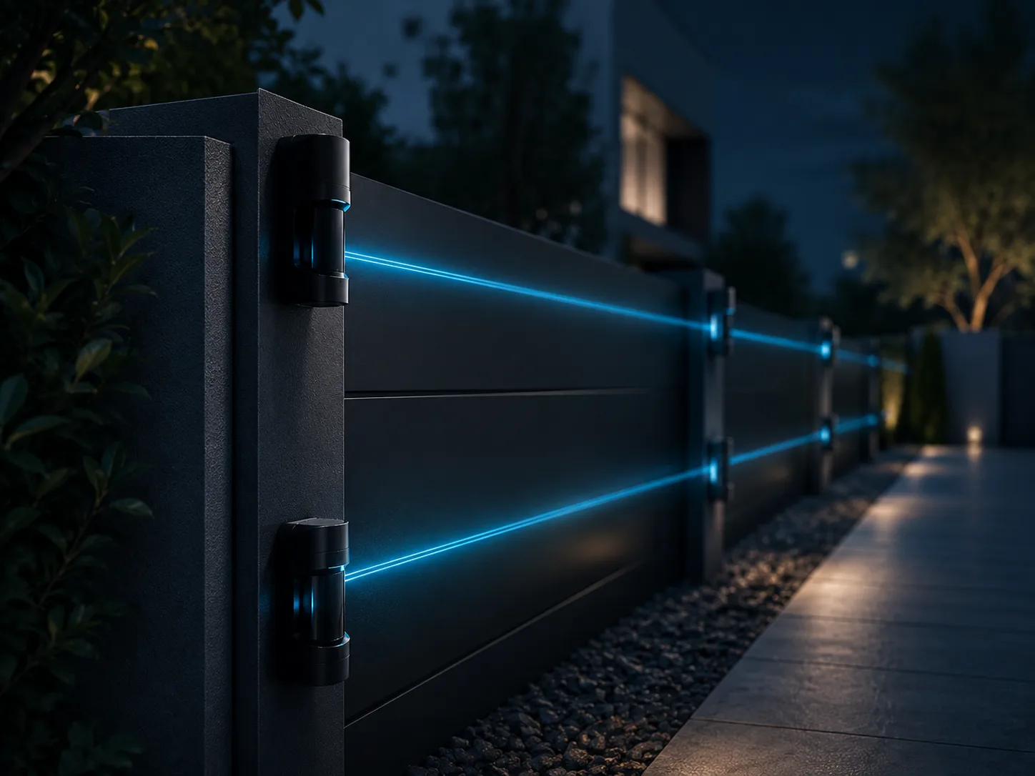 Perimeter beam detectors on security fence at night