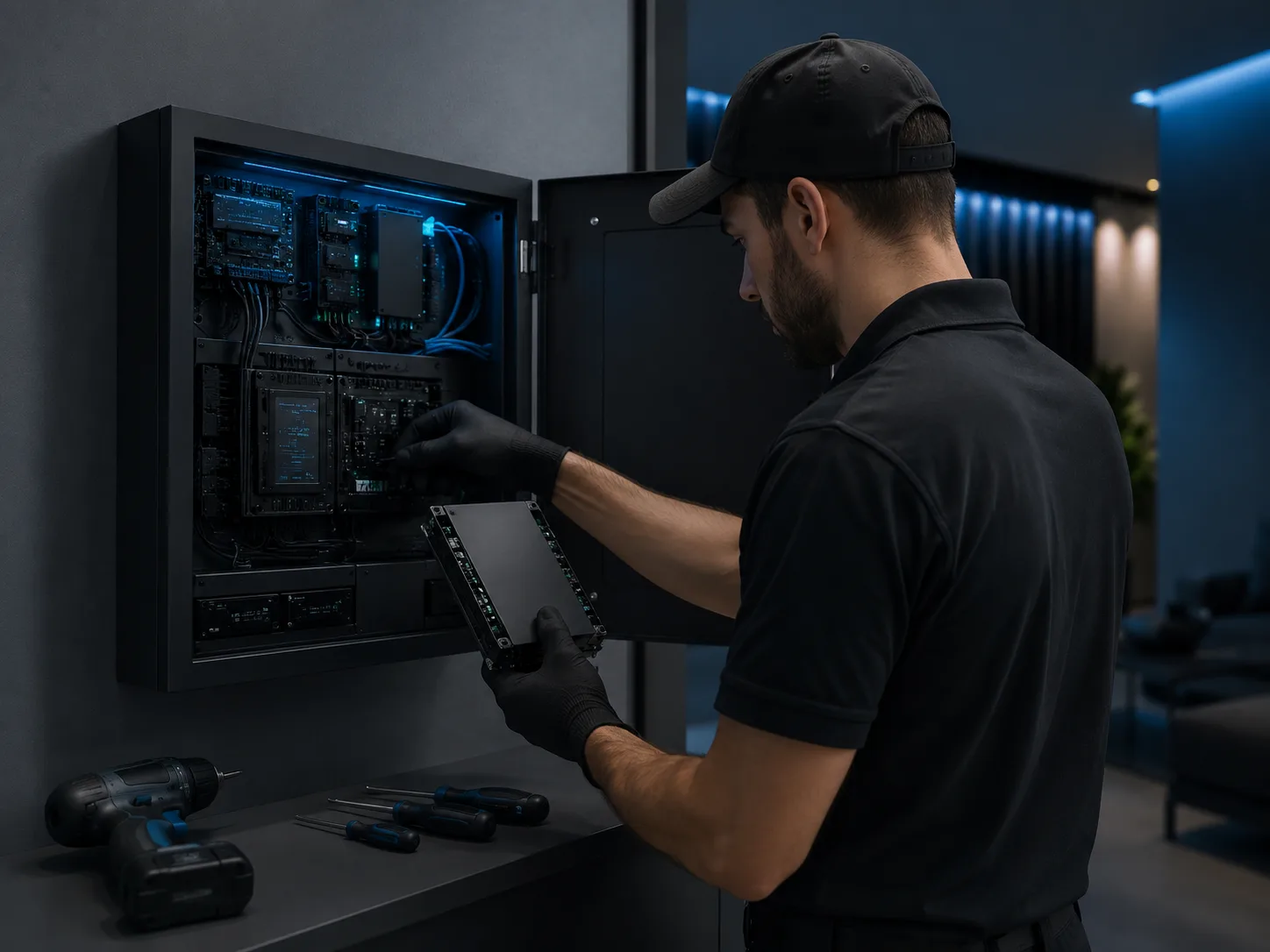 Engineer servicing security system panel