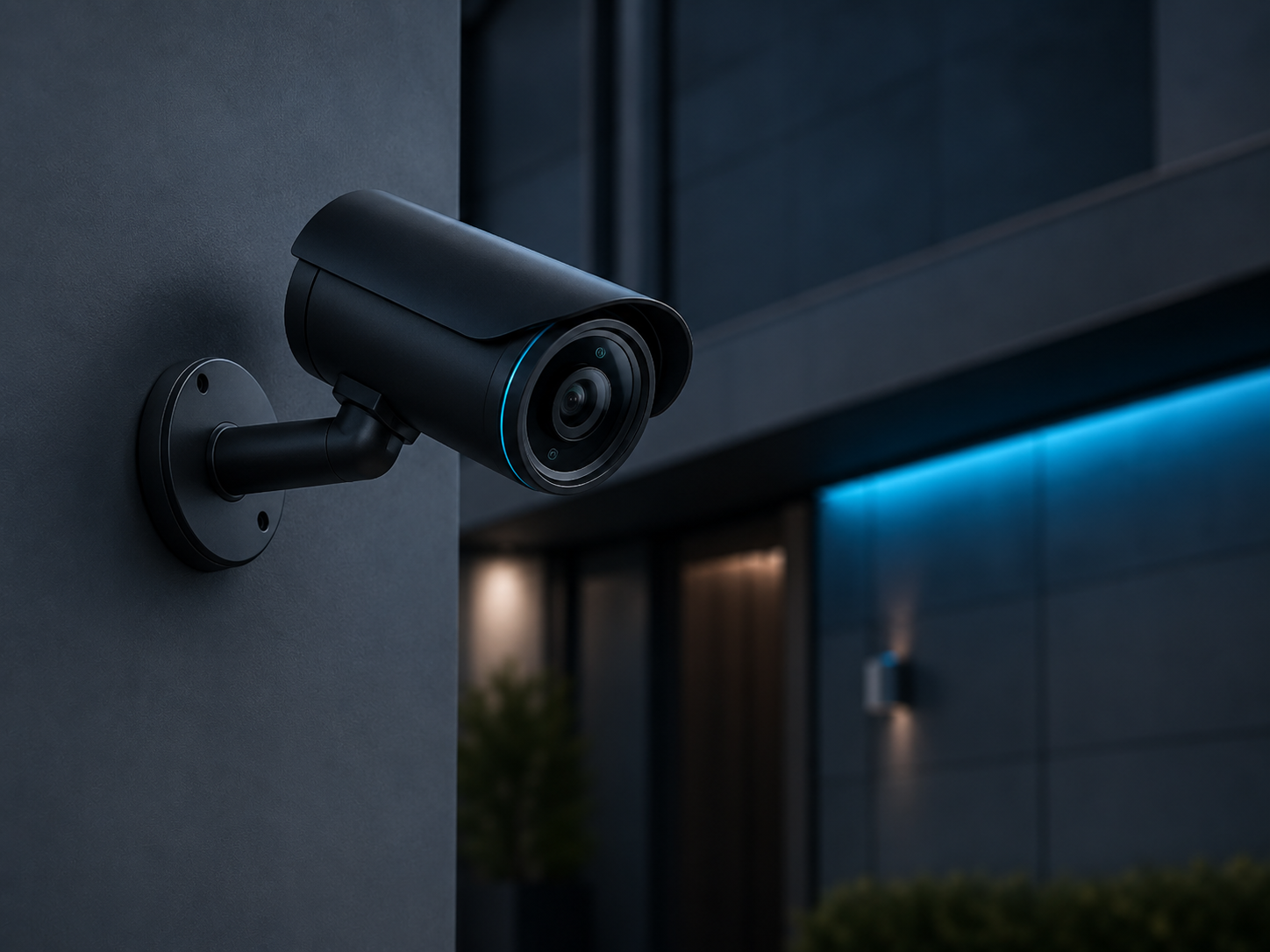 CCTV bullet camera mounted on wall at night
