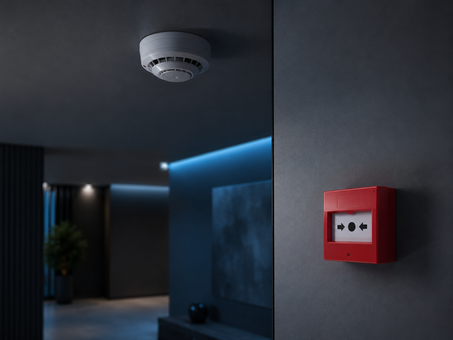 Fire smoke detector and call point on wall
